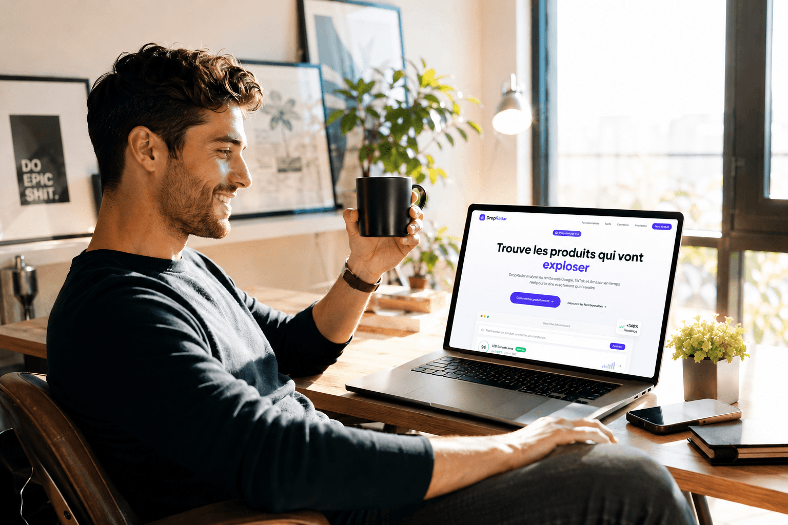 Entrepreneur souriant utilisant DropRadar avec un café