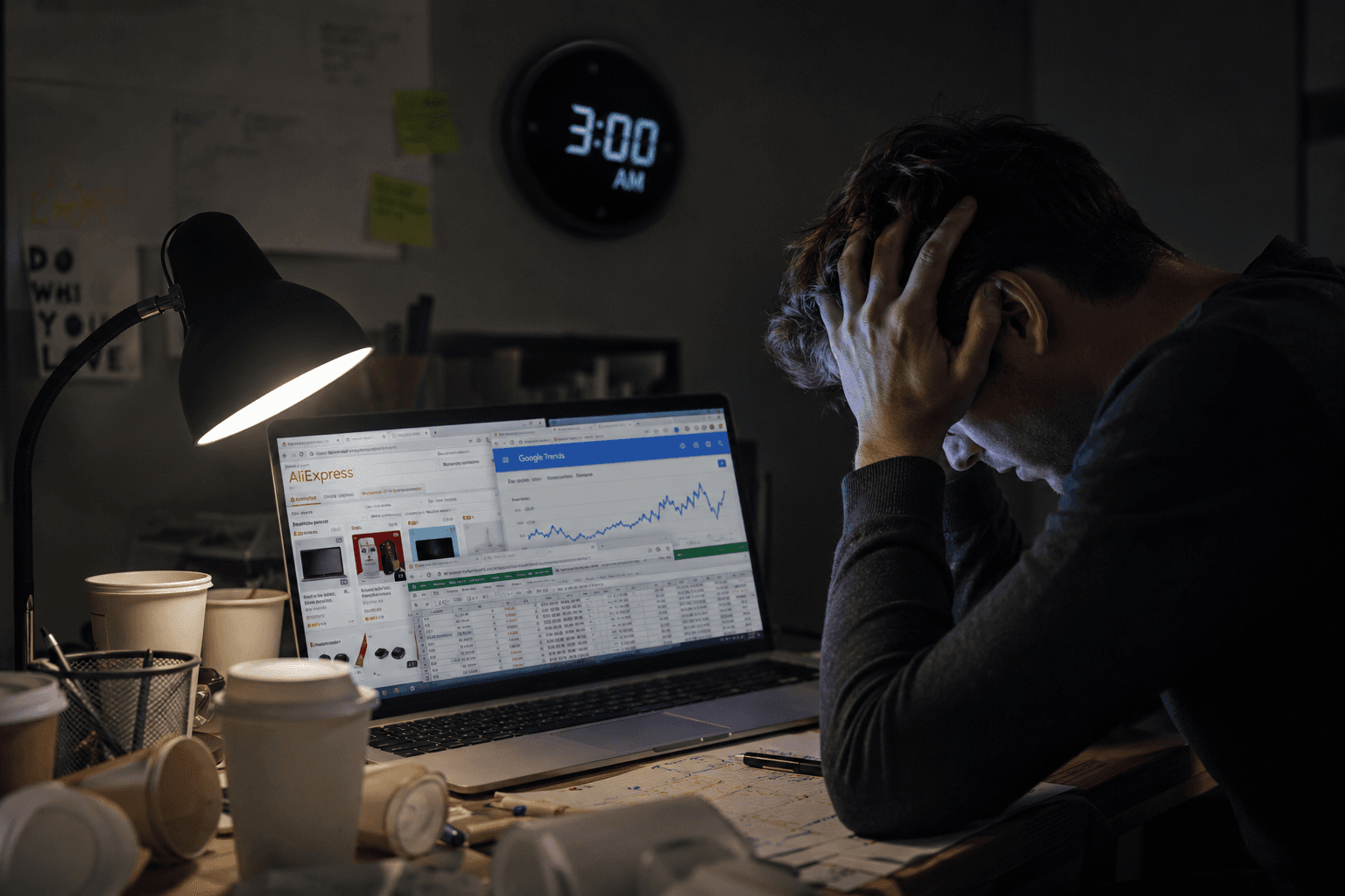 Entrepreneur frustré cherchant des produits pendant des heures